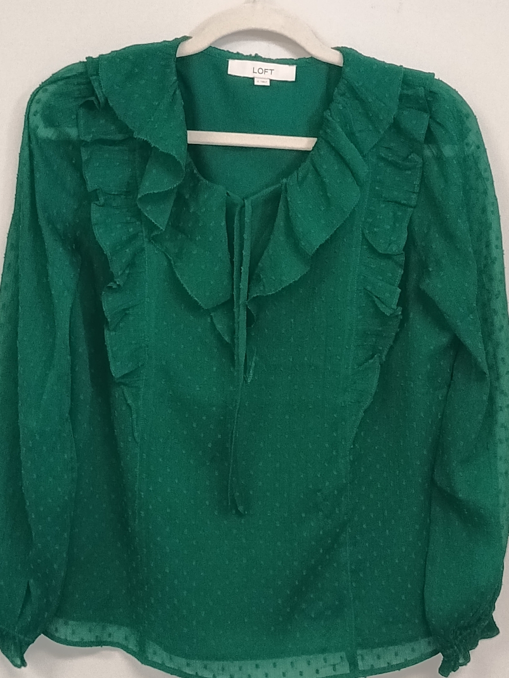 LOFT Semi Sheer Ruffled Collar Green Polka Dot Blouse Peasant Prairie Fairy S